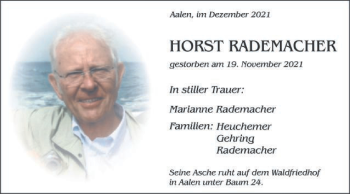 Traueranzeige von Horst Rademacher von Schwäbische Post