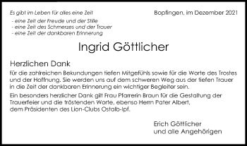 Traueranzeige von Ingrid Göttlicher von Schwäbische Post