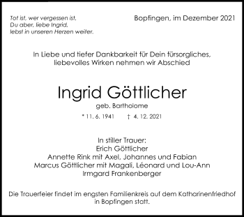 Traueranzeige von Ingrid Göttlicher von Schwäbische Post
