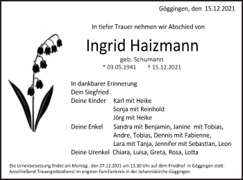 Traueranzeige von Ingrid Haizmann von Gmünder Tagespost