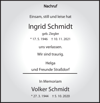 Traueranzeige von Ingrid Schmidt von Gmünder Tagespost