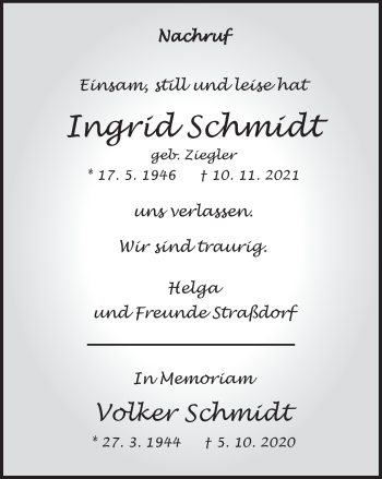 Traueranzeige von Ingrid und Volker Schmidt von Gmünder Tagespost