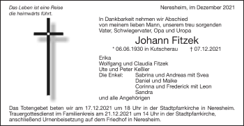 Traueranzeige von Johann Fitzek von Schwäbische Post