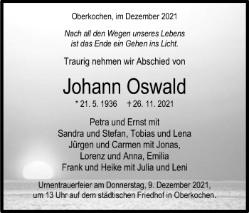Traueranzeige von Johann Oswald von Amtsblatt_Oko