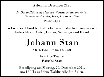 Traueranzeige von Johann Stan von Schwäbische Post