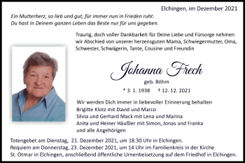 Traueranzeige von Johanna Frech von Schwäbische Post