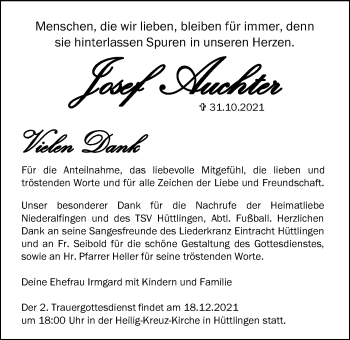 Traueranzeige von Josef Auchter von Schwäbische Post