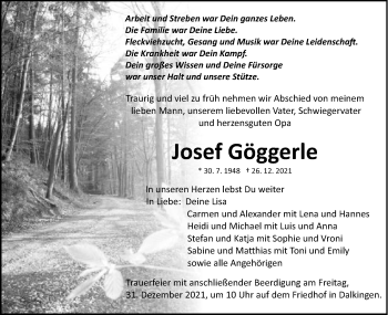 Traueranzeige von Josef Göggerle von Schwäbische Post