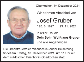 Traueranzeige von Josef Gruber von Amtsblatt_Oko