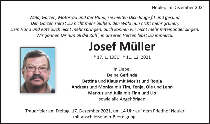  Traueranzeige für Josef Müller vom 15.12.2021 aus Schwäbische Post