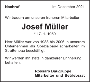 Traueranzeige von Josef Müller von Schwäbische Post