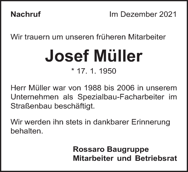  Traueranzeige für Josef Müller vom 16.12.2021 aus Schwäbische Post