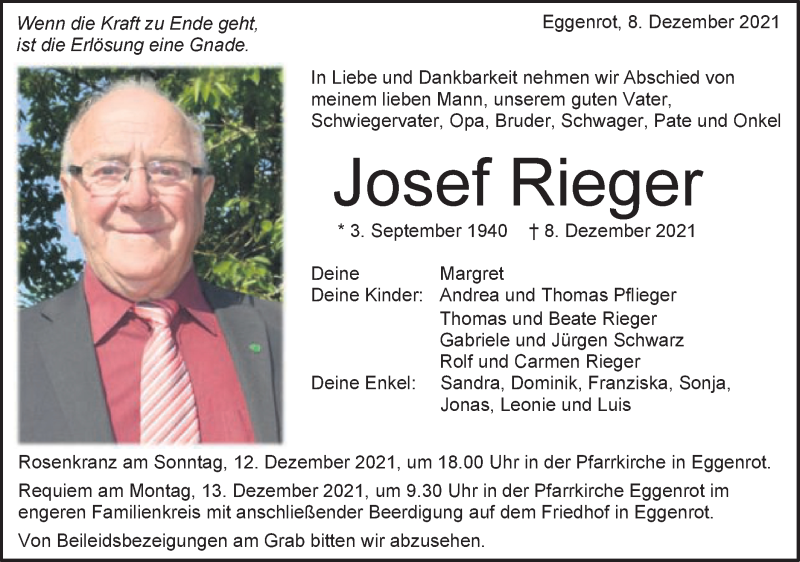  Traueranzeige für Josef Rieger vom 10.12.2021 aus Schwäbische Post