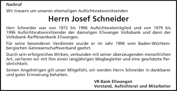 Traueranzeige von Josef Schneider von Schwäbische Post