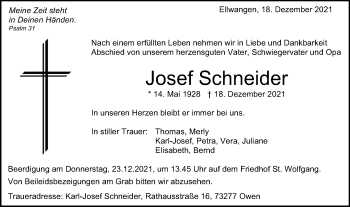 Traueranzeige von Josef Schneider von Schwäbische Post
