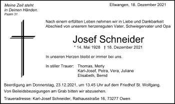 Traueranzeige von Josef Schneider