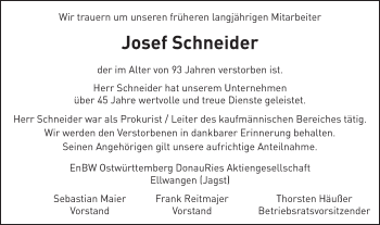 Traueranzeige von Josef Schneider von Schwäbische Post
