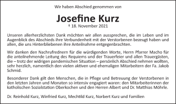 Traueranzeige von Josefine Kurz von Schwäbische Post