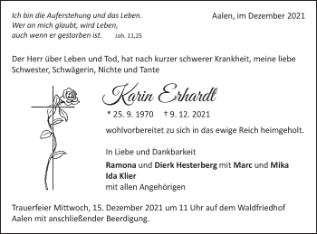 Traueranzeige von Karin Erhardt von Schwäbische Post
