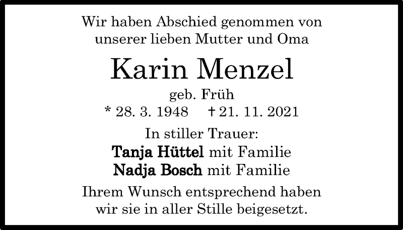  Traueranzeige für Karin Menzel vom 03.12.2021 aus Schwäbische Post