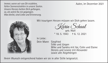 Traueranzeige von Karin Schaal von Schwäbische Post