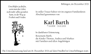 Traueranzeige von Karl Barth von Gmünder Tagespost