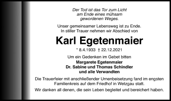 Traueranzeige von Karl Egetenmaier von Gmünder Tagespost