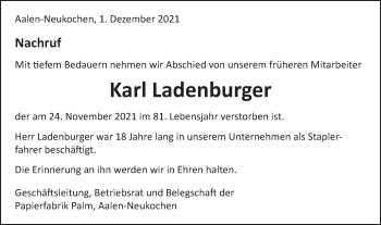 Traueranzeige von Karl Ladenburger von Schwäbische Post