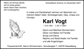 Traueranzeige von Karl Vogt von Gmünder Tagespost