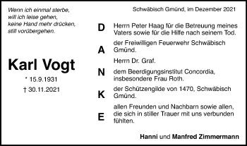 Traueranzeige von Karl Vogt von Gmünder Tagespost