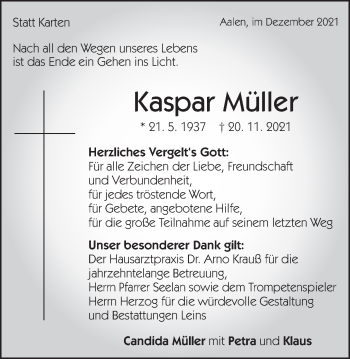 Traueranzeige von Kaspar Müller von Schwäbische Post