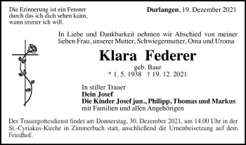 Traueranzeige von Klara Federer von Gmünder Tagespost