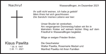Traueranzeige von Klaus Pawlita von Schwäbische Post