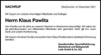 Traueranzeige von Klaus Pawlita von Schwäbische Post