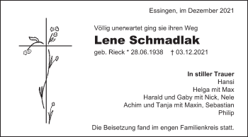 Traueranzeige von Lene Schmadlak von Schwäbische Post