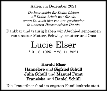 Traueranzeige von Lucie Elser von Schwäbische Post