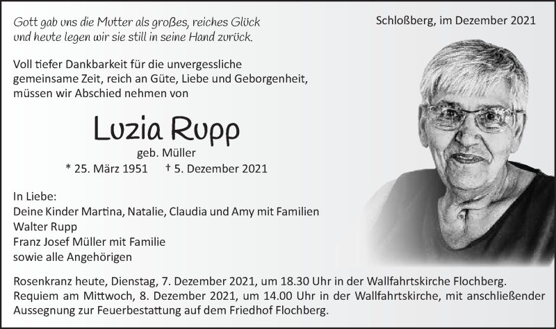  Traueranzeige für Luzia Rupp vom 07.12.2021 aus Schwäbische Post