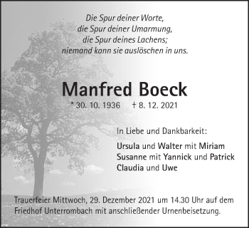 Traueranzeige von Manfred Boeck von Schwäbische Post