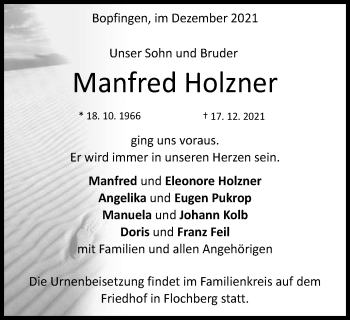 Traueranzeige von Manfred Holzner von Schwäbische Post