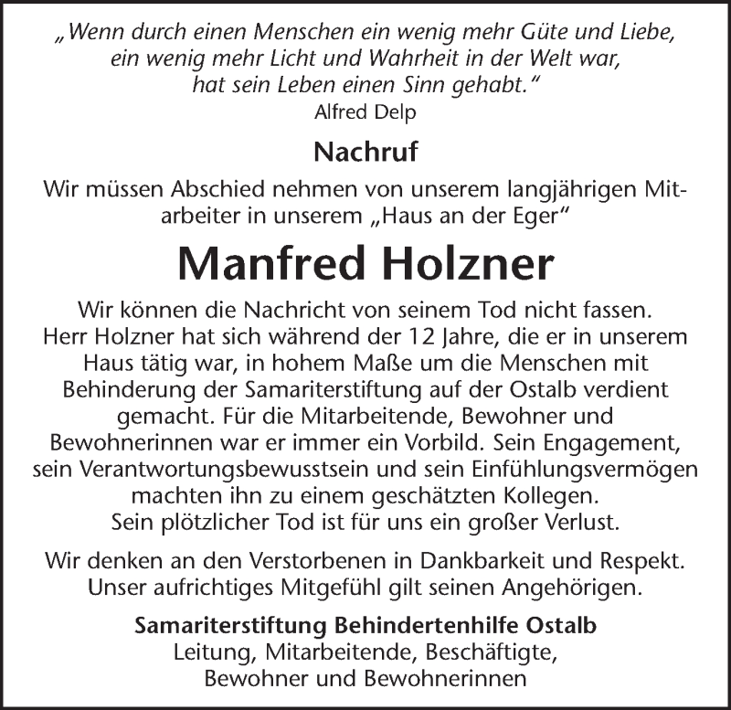  Traueranzeige für Manfred Holzner vom 30.12.2021 aus Schwäbische Post