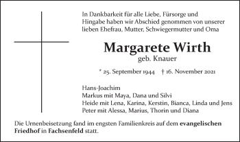 Traueranzeige von Margarete Wirth von Schwäbische Post