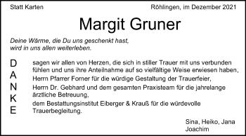 Traueranzeige von Margit Gruner von Schwäbische Post