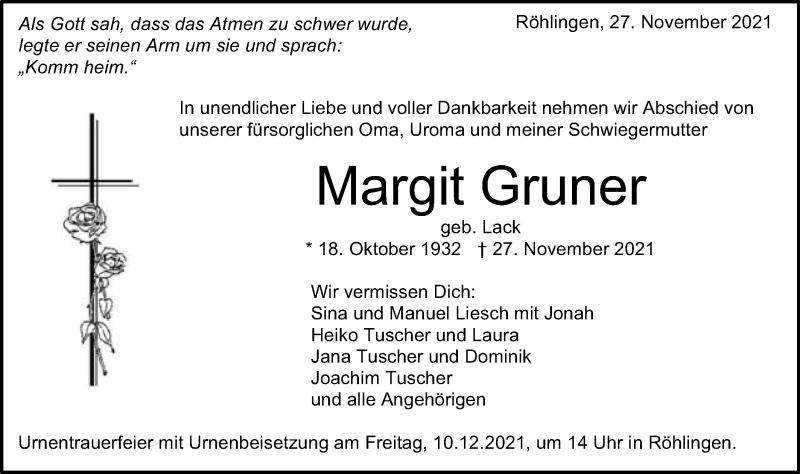  Traueranzeige für Margit Gruner vom 06.12.2021 aus Schwäbische Post