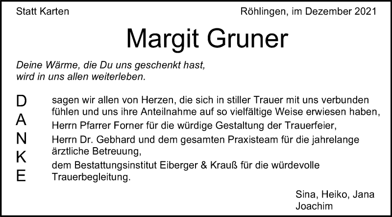  Traueranzeige für Margit Gruner vom 15.12.2021 aus Schwäbische Post