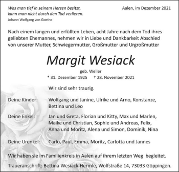 Traueranzeige von Margit Wesiack von Schwäbische Post