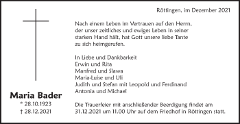 Traueranzeige von Maria Bader von Schwäbische Post