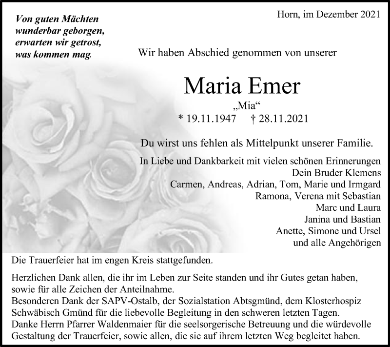  Traueranzeige für Maria Emer vom 03.12.2021 aus Gmünder Tagespost