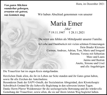 Traueranzeige von Maria Emer von Gmünder Tagespost