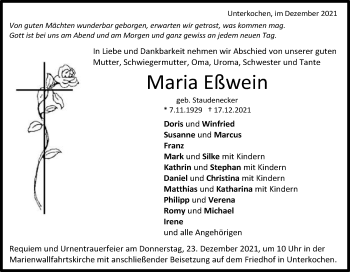 Traueranzeige von Maria Eßwein von Schwäbische Post