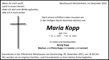 Traueranzeige von Maria Kopp von Schwäbische Post